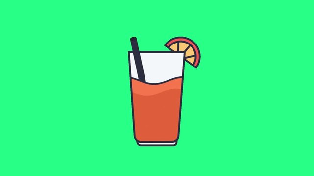 A cartoon glass of orange juice with a straw and lemon slice on a bright green background. Colorful