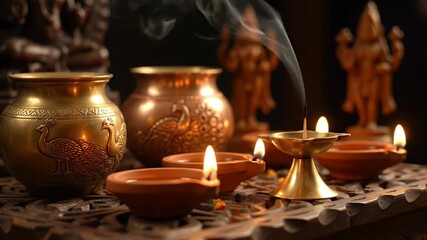 Warm Glow of Terracotta Diyas and Brass Urns with Smoke Rising from Incense Sticks Creating a Serene and Spiritual Atmosphere in a Dark Room with Indian Deities in Background - Powered by Adobe