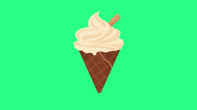 Single waffle cone with vanilla swirl ice cream and a wafer stick on a vivid green backdrop, bright, video loops,  green screen, 4k, footage, 4k footage, slow motion, video wallpaper, animation