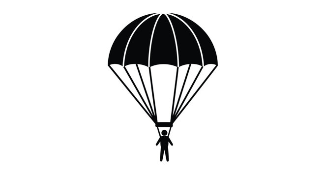 A simple black and white illustration of a person parachuting from above
