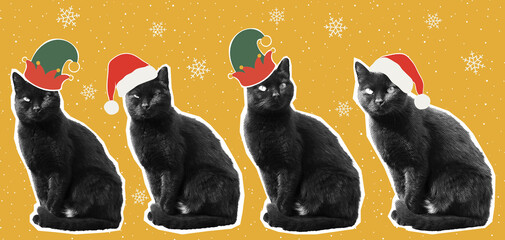 Christmas elves black cats collage banner, wearing hats on snowy background. Decorative minimalist winter illustration