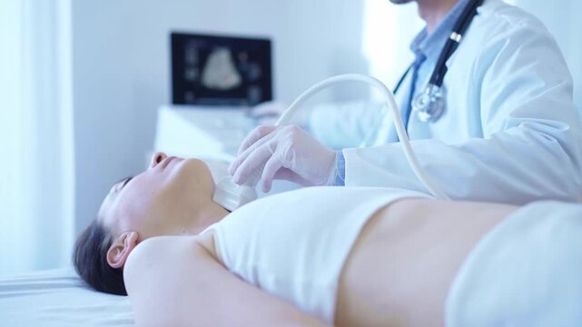Doctor man with white medical coat is using ultrasound machine to examine neck of female patient lying down in clinic procedure cabinet. Medicine service