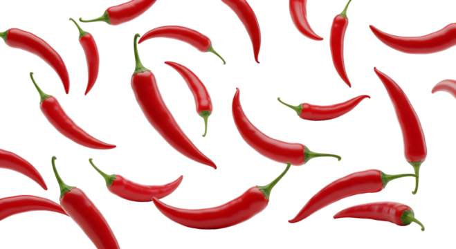 A vibrant array of red chili peppers floating, perfect for culinary projects and illustrating food themes