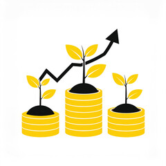 Business icon vector art of money plant growing on coins with upward trend arrow