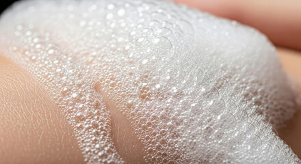 Fototapeta premium An extreme close-up shows white foam or cleanser bubbles being massaged over the cheek and mouth area of a person's face.