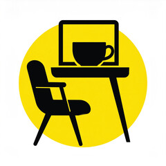 Business icon vector art of icon of desk, laptop, and chair on yellow circle