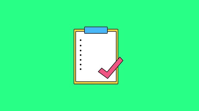 Cartoon clipboard with lined sheet and pink checkmark on a bright lime green background. with color, video loops,  green screen, 4k, footage, 4k footage, videos, video clip, slow motion