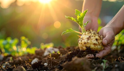 Hands planting a seedling with a bulbous root against a sunset