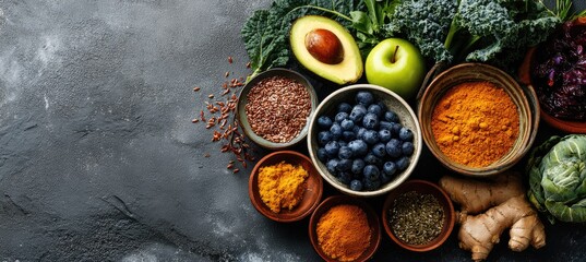 Assorted healthy foods arranged on a dark surface