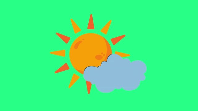 Cheerful cartoon scene sunny yellow sun partly behind a light blue cloud on a soft green background, video loops, green screen, 4k, footage, 4k footage, videos, video clip, slow motion