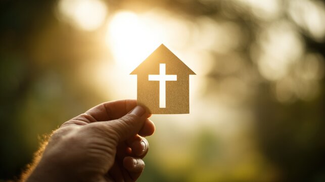 Person Holding Paper House with Cross Symbol at Sunset