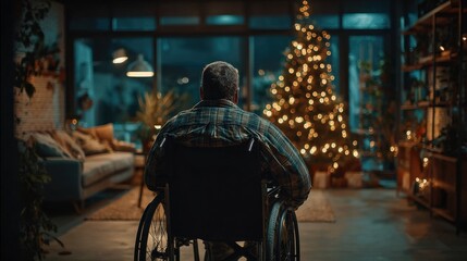 Obraz premium Elderly Man in Wheelchair Looking at Christmas Tree