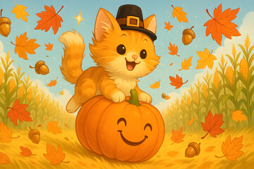 Happy orange kitten wearing pilgrim hat perched on smiling pumpkin amid falling autumn leaves under bright daylight