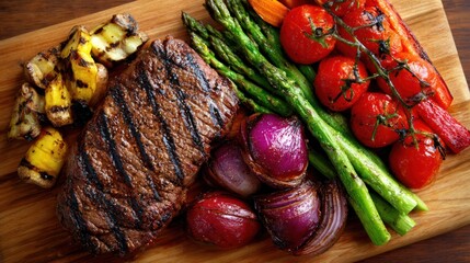 Delicious grilled steak with assorted colorful vegetables arranged on a wooden cutting board