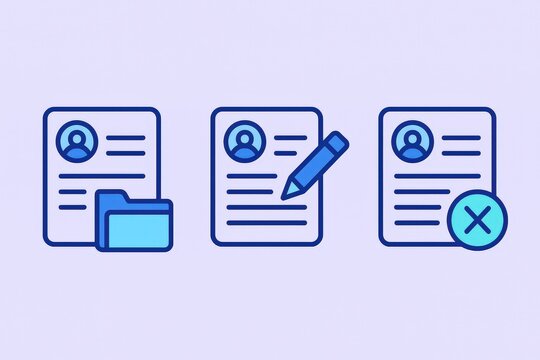 Seamless visual representation of document management processes featuring an organized folder, a detailed resume being edited, and an erased entry showcasing meticulous attention to workflow