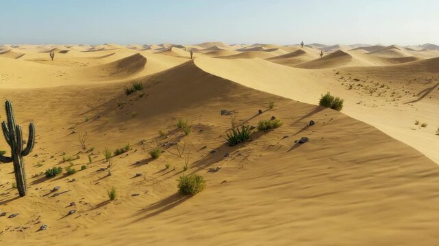 Desert landscape with sand dunes and cactus plants under a clear sky