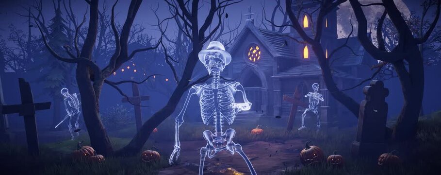 Halloween Party: Skeleton ghosts dance in a creepy gothic cemetery. 3D animation for greeting cards, invitations, posters, events, and parties.