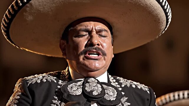 Close up of a Mariachi singer performing with eyes closed and mouth open.