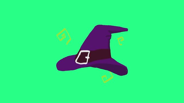 A lone purple witch hat with a silver buckle floats on a vivid lime green background, surreal. video loops, green screen, 4k, footage, 4k footage, videos, video clip, slow motion