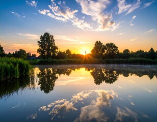 Sunrise paints sky above tranquil lake, reflecting clouds