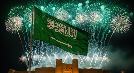 saudi arabian flag waves prominently against backdrop of vibrant fireworks illuminating night sky. national pride and celebration. festival, cultural event