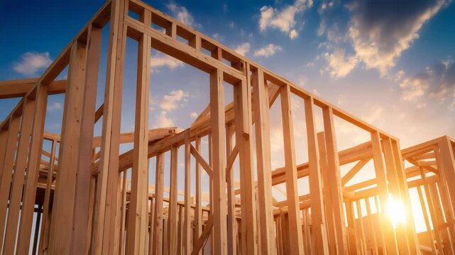 Wood timber house framing reaching towards a blue sky with setting sun flare, representing real estate development