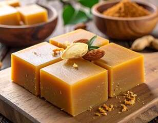 Sweet cubes, almonds, and spices in wooden bowls