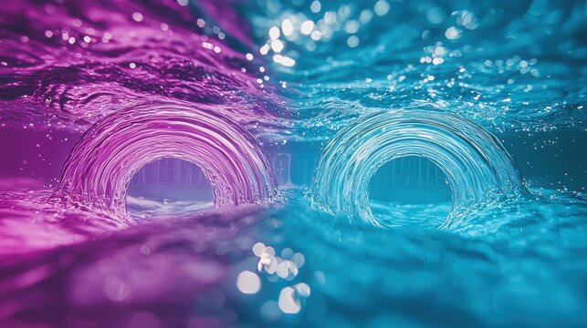 Spectacular wave interference rings captured in liquid medium displaying magenta cyan color transitions with pristine optical effects and dynamic fluid motion
