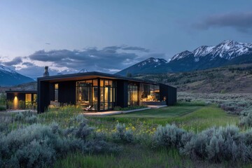 Mountain retreat showcases modern design set against stunning landscape at dusk with soft light illuminating the home and surrounding nature