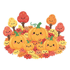 Charming kawaii autumn scene featuring happy pumpkins and smiling trees surrounded by colorful fallen leaves on a warm gradient background with a