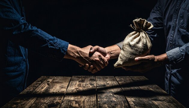 A close-up shot captures the act of a handshake with a bag of money being passed between two individuals, symbolizing bribery and corruption. The scene is set against a dark background.