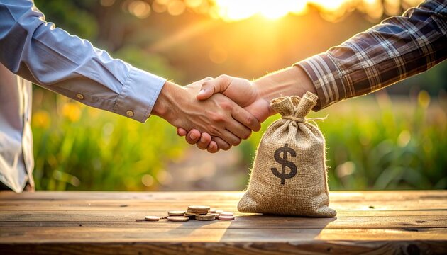 Business deal handshake, money bag and coins on the wooden table under sunlight