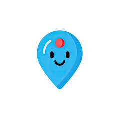 Cheerful cartoon blue location pin icon with a smiling face and a small red dot on its head set against a vibrant solid blue background with subtle