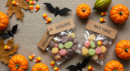 Flat lay of Halloween candy bags labeled vegan and nut-free with pumpkins