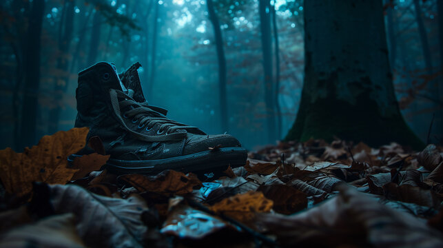 Low-angle shot of a retro sneaker in foggy woods for a suspenseful 80s horror scene