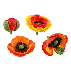 Collection of Four Vibrant Red and Yellow Poppy Blossoms in Various Stages of Bloom Showcasing Intricate Petal Details and Black Centers Against a