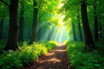 Obraz premium Sun-Dappled Path Through a Lush Green Forest A Magical Journey of Nature and Adventure