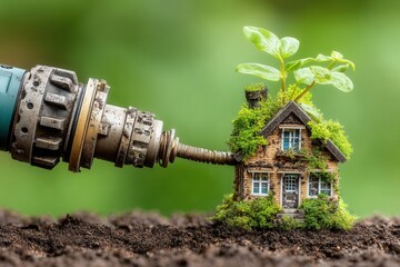 Innovative device nurturing eco-friendly miniature house adorned with lush greenery demonstrating artful blend of technology and nature achieving sustainable living ideals