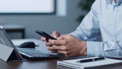 Close-up of businessman using smartphone at office desk with laptop, keyboard and notebook. Concept of communication, productivity and modern digital work
 - Powered by Adobe