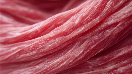 Cultured meat fibers showing natural protein texture and marbling. Close up meat fibers