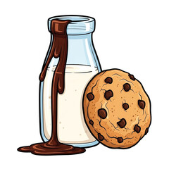 Delicious chocolate chip cookie next to a glass bottle of milk with rich chocolate syrup dripping down its side creating a tempting breakfast or