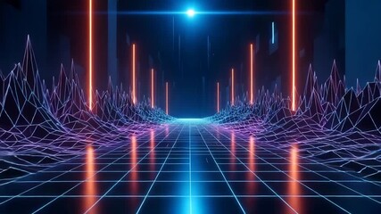 Futuristic digital landscape with neon grid and glowing abstract shapes image photo - Powered by Adobe