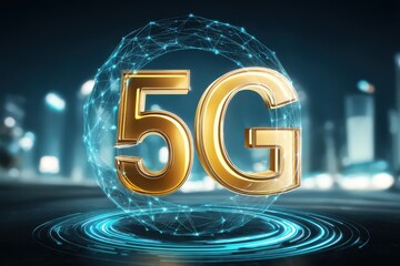 Golden 5G Icon Representing Next Generation Wireless Technology Surrounded by Digital Network Sphere Illuminated with Futuristic Energy and Connectivity Concept