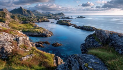 Rocky coastline, tranquil sea, dramatic cliffs, lush greenery, vibrant blue water