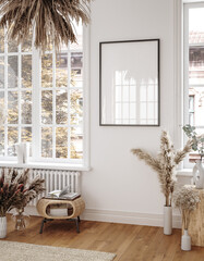 Naklejka na ściany i meble Canvas frame mockup in floral room, botanical design, 3d render