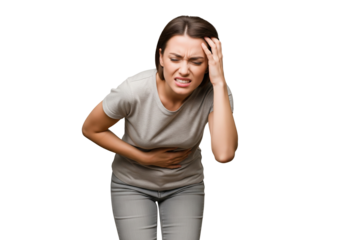 Woman experiencing stomach ache and headache