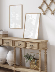 Naklejka na ściany i meble Mockup frame close up in cozy farmhouse room interior, 3d render