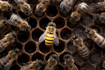 Worker Bees Surrounding Queen Bee in Hive Overhead View Natural Honeycomb Architecture Photography
