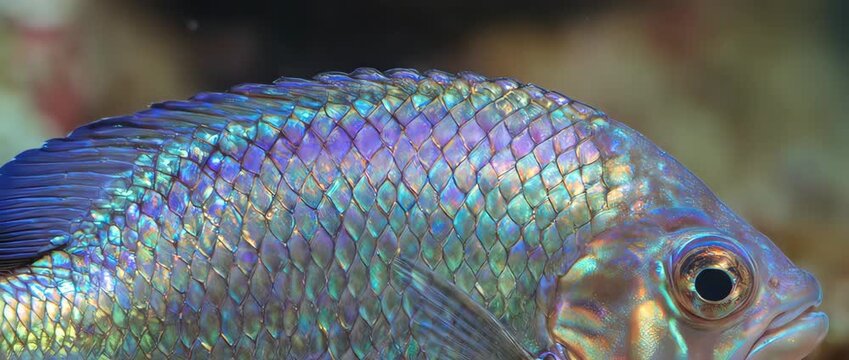 Extreme macro shot of tropical fish scales shimmering with a rainbow of colors as it moves. A detailed, abstract, and mesmerizing texture in slow motion.
