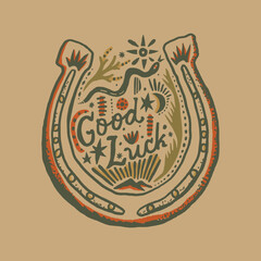 Tribal hippie bohemian ornate groovy postmodern funky horseshoe lucky lettering print, boho psychedelic western grunge style label. Perfect for posters, collages, clothing, music albums and more